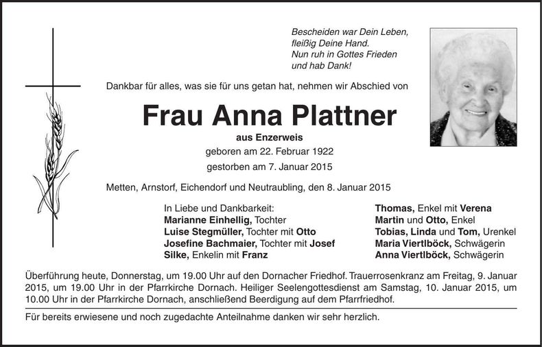 Traueranzeige Anna Plattner