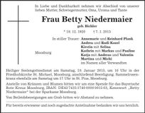 Traueranzeige Betty Niedermaier