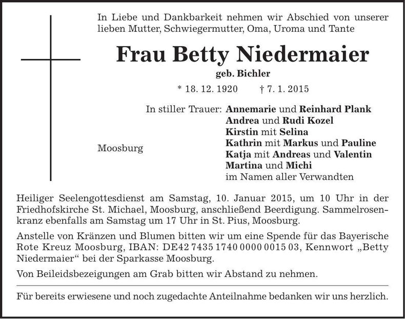 Traueranzeige Betty Niedermaier