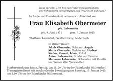 Traueranzeige Elisabeth Obermeier