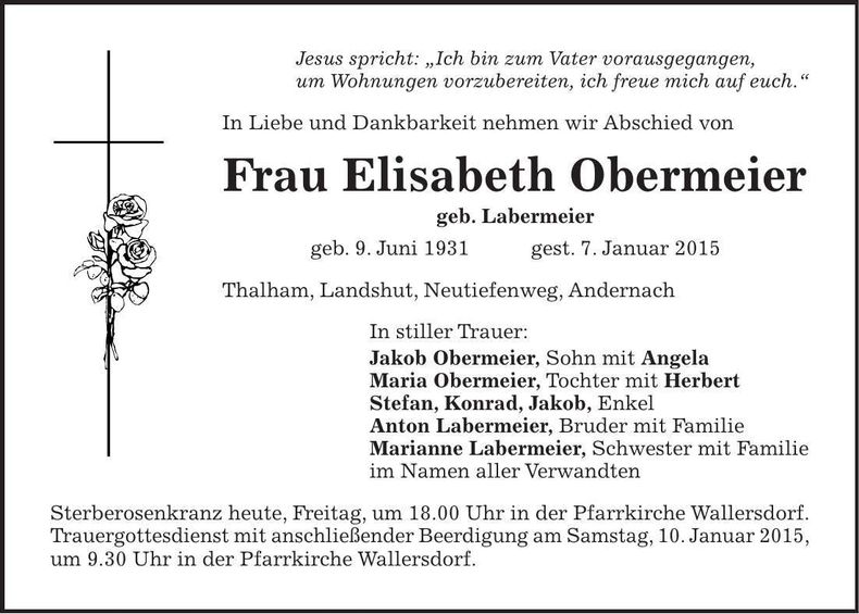 Traueranzeige Elisabeth Obermeier