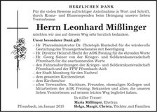 Traueranzeige Leonhard Mißlinger