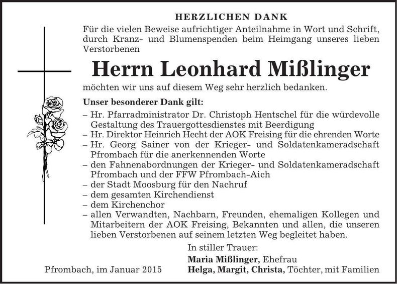 Traueranzeige Leonhard Mißlinger