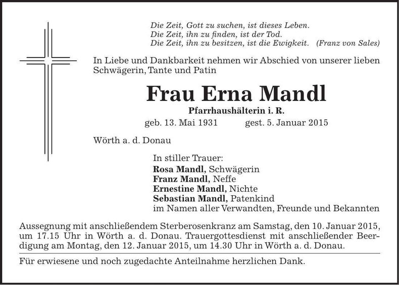 Traueranzeige Erna Mandl