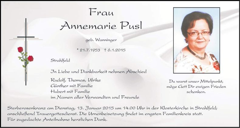 Traueranzeige Annemarie Pusl