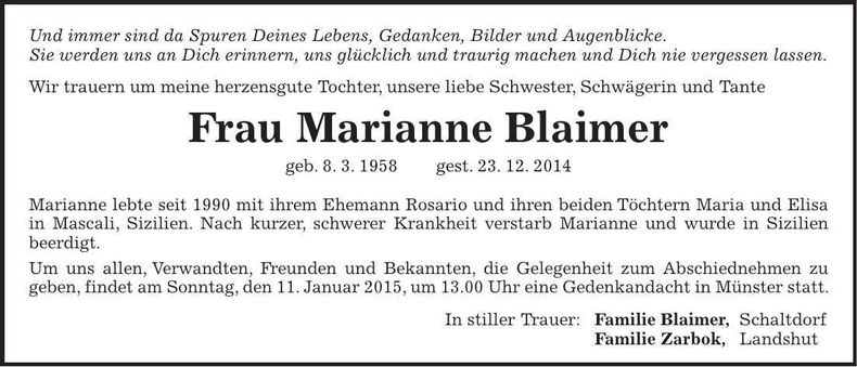 Traueranzeige Marianne Blaimer