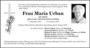 Traueranzeige Maria Urban