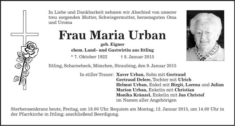 Traueranzeige Maria Urban