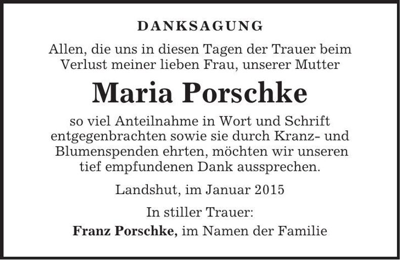 Traueranzeige Maria Porschke