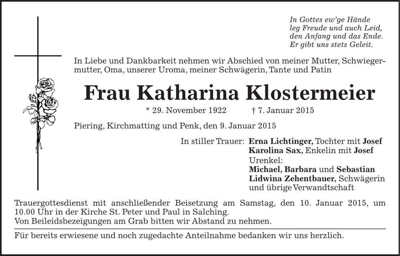 Traueranzeige Katharina Klostermeier
