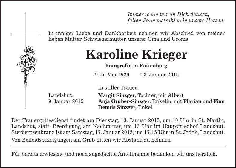 Traueranzeige Karoline Krieger