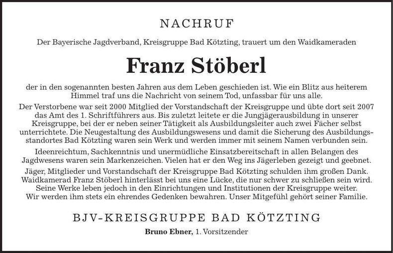Traueranzeige Franz Stöberl