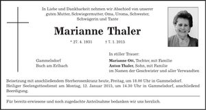 Traueranzeige Marianne Thaler