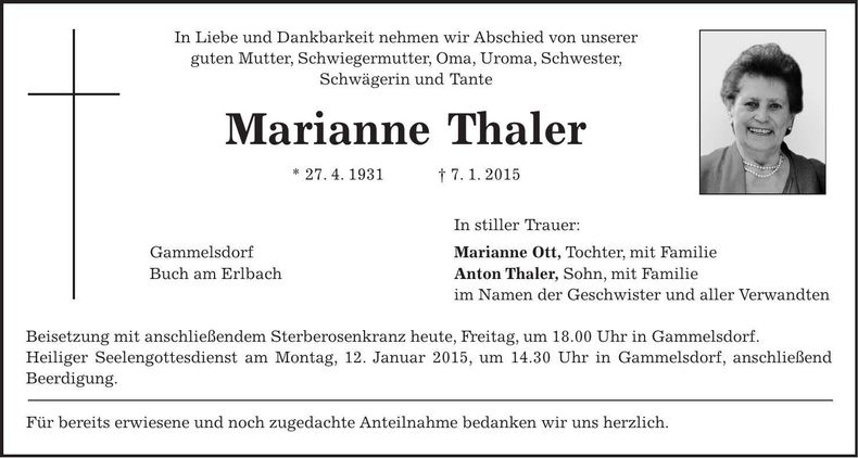Traueranzeige Marianne Thaler