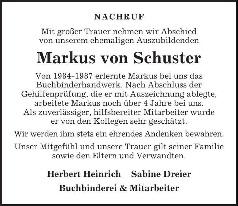 Traueranzeige Markus Von Schuster