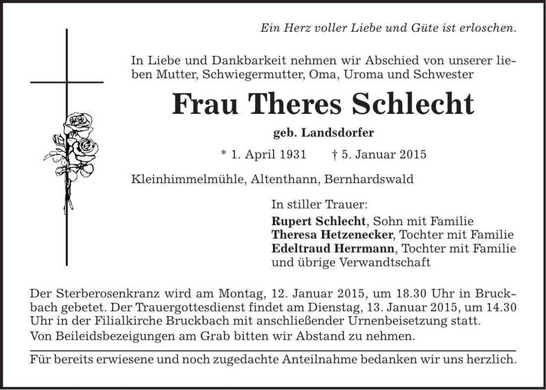 Traueranzeige Theres Schlecht