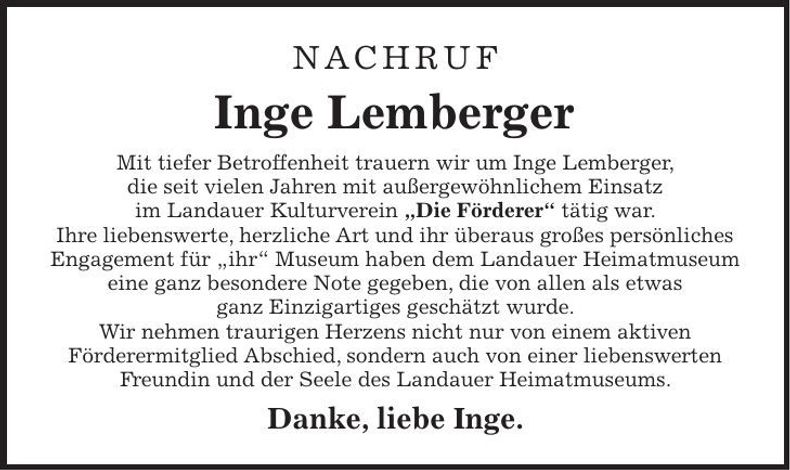 Traueranzeige Inge Lemberger