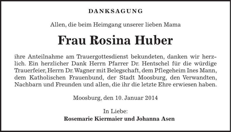 Traueranzeige Rosina Huber