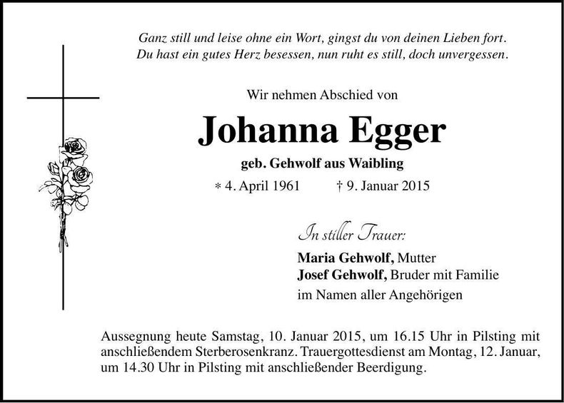 Traueranzeige Johanna Egger