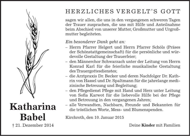 Traueranzeige Katharina Babel