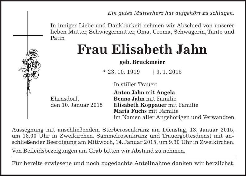 Traueranzeige Elisabeth Jahn