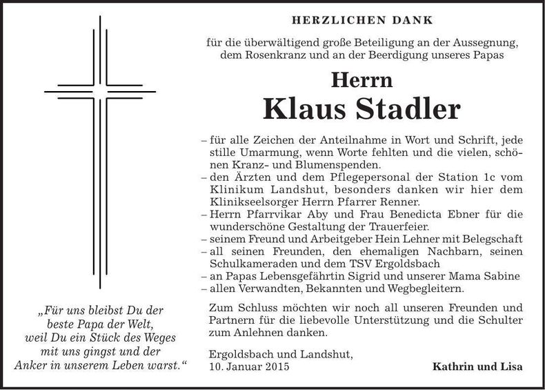 Traueranzeige Klaus Stadler