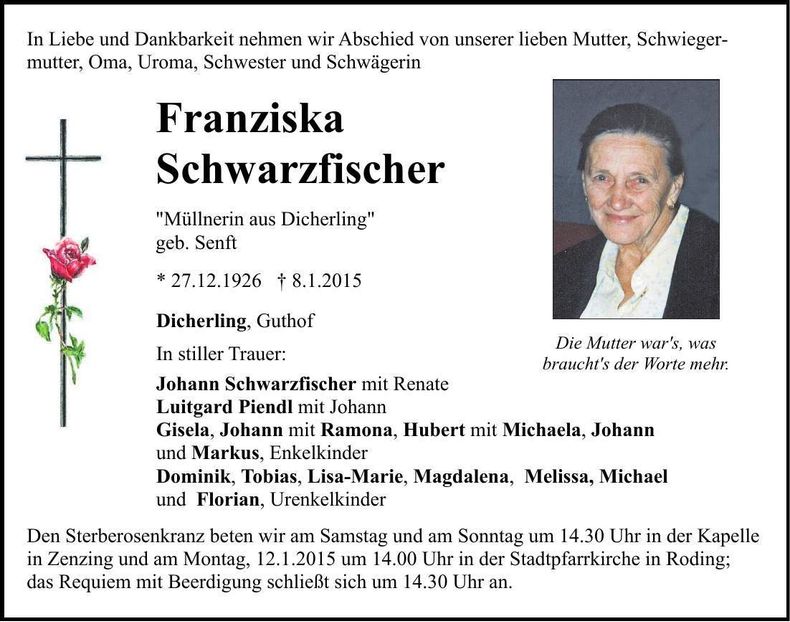 Traueranzeige Franziska Schwarzfischer