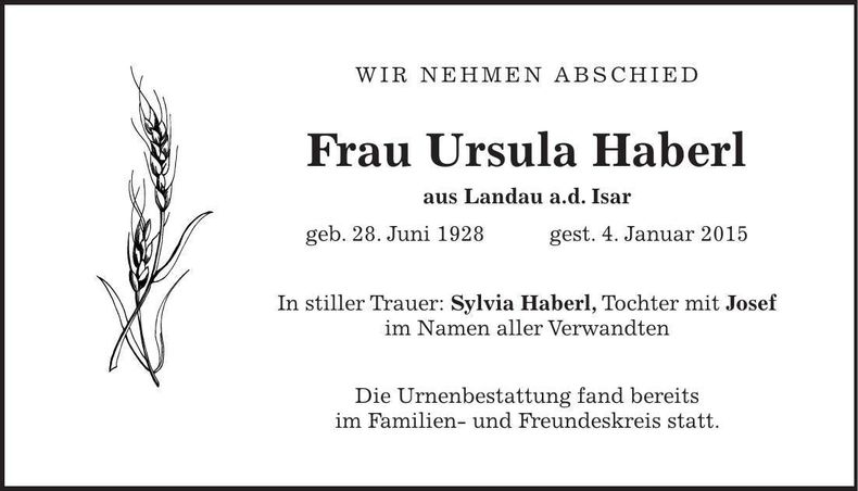 Traueranzeige Ursula Haberl