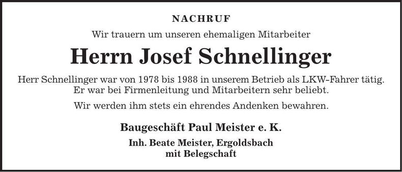 Traueranzeige Josef Schnellinger