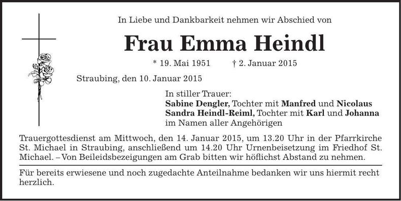 Traueranzeige Emma Heindl