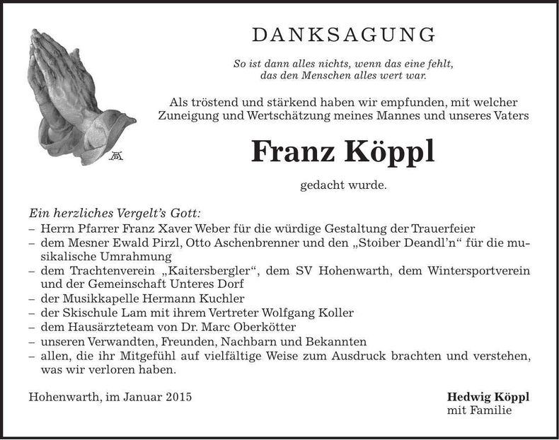 Traueranzeige Franz Köppl