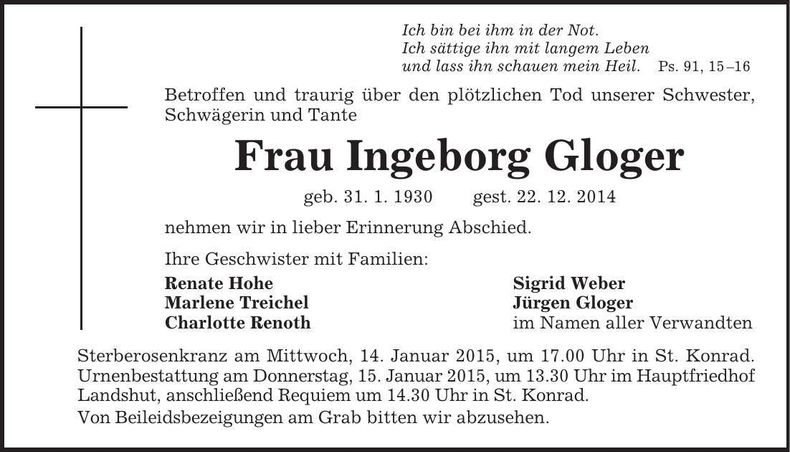 Traueranzeige Ingeborg Gloger