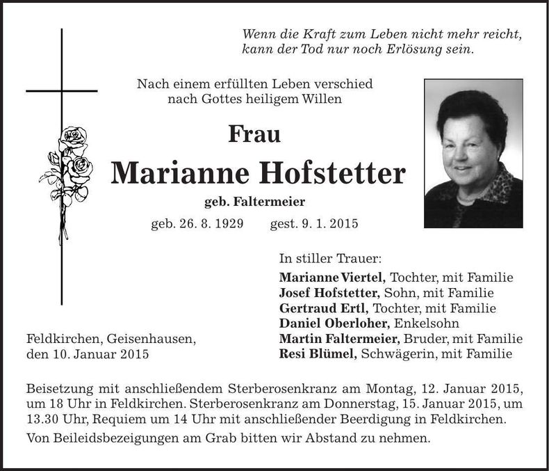 Traueranzeige Marianne Hofstetter