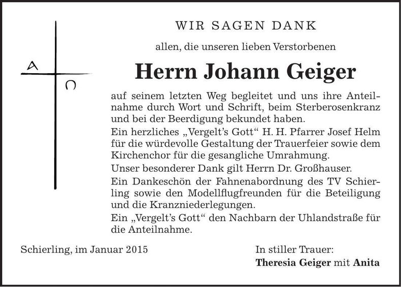 Traueranzeige Johann Geiger
