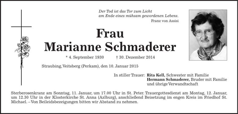 Traueranzeige Marianne Schmaderer