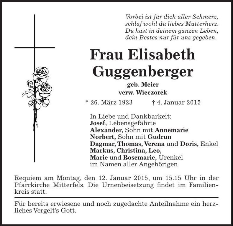 Traueranzeige Elisabeth Guggenberger