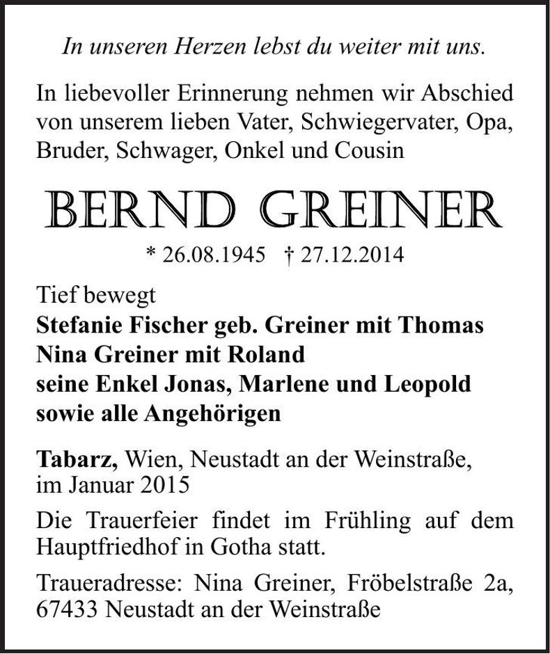 Traueranzeige Bernd Greiner
