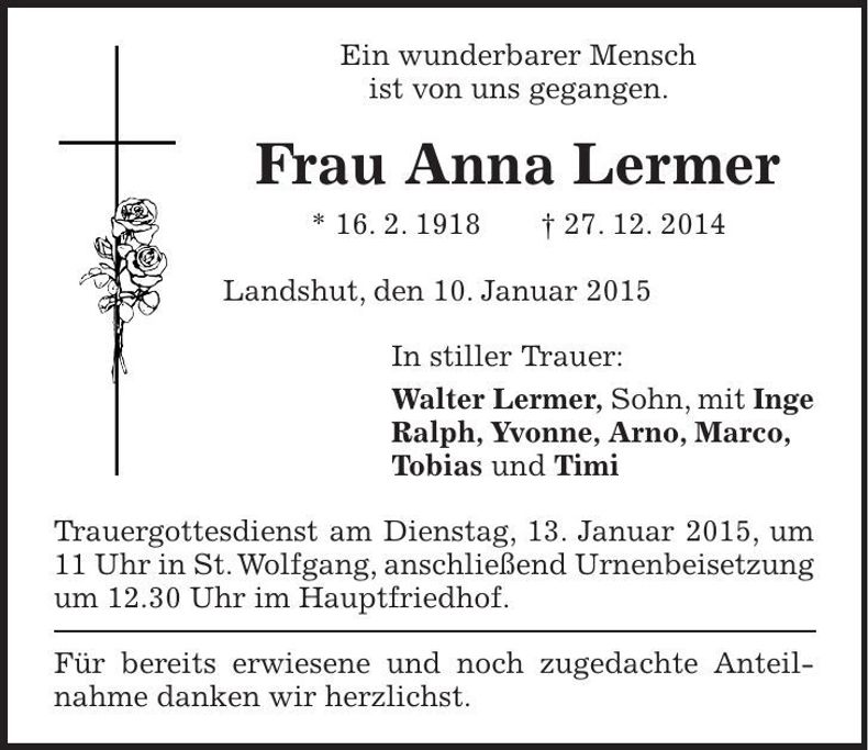 Traueranzeige Anna Lermer