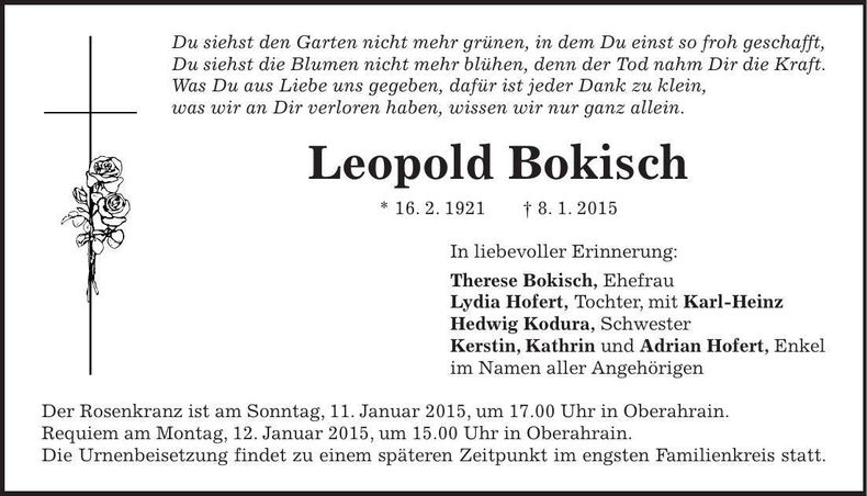 Traueranzeige Leopold Bokisch