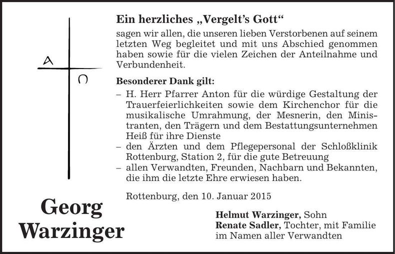 Traueranzeige Georg Warzinger