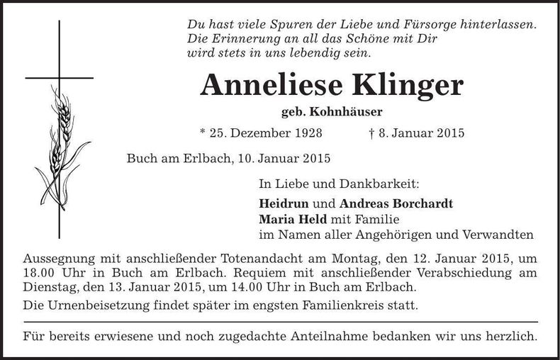 Traueranzeige Anneliese Klinger