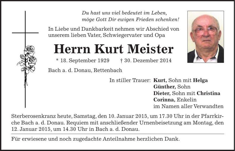 Traueranzeige Kurt Meister