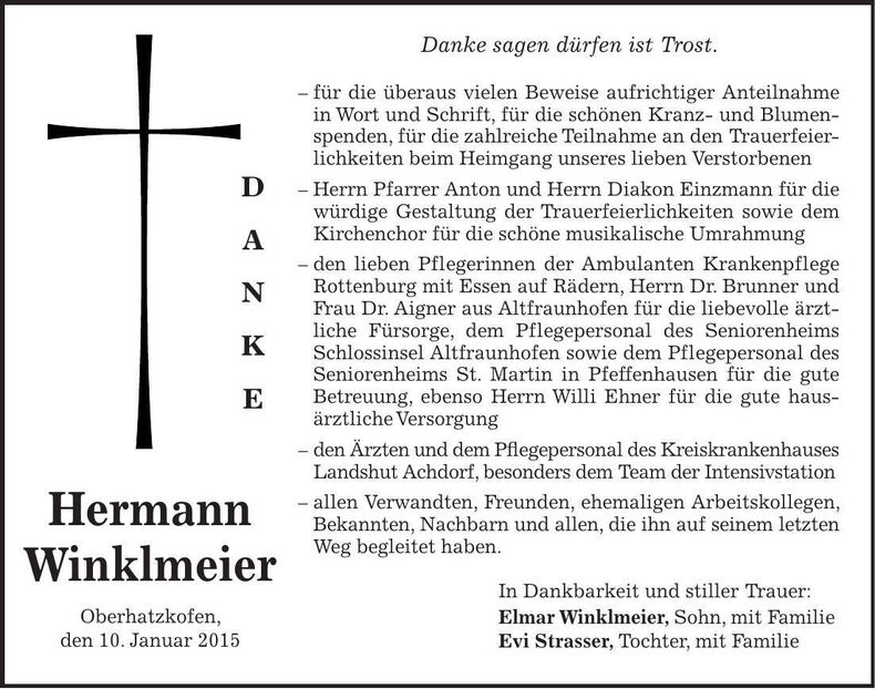 Traueranzeige Hermann Winklmeier