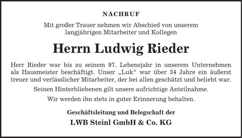 Traueranzeige Ludwig Rieder