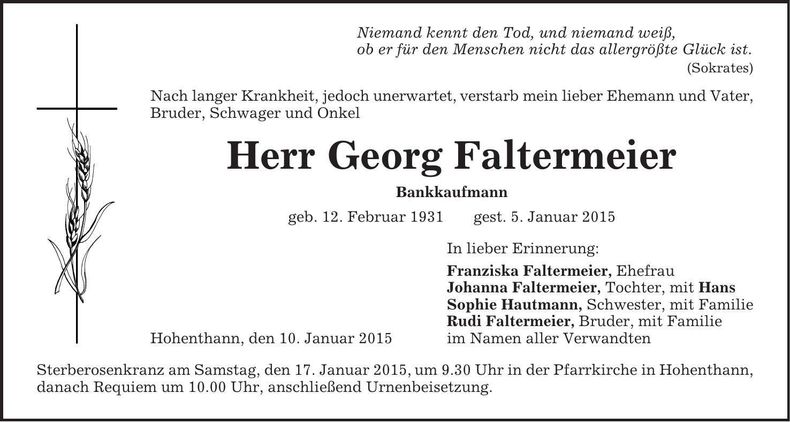 Traueranzeige Georg Faltermeier