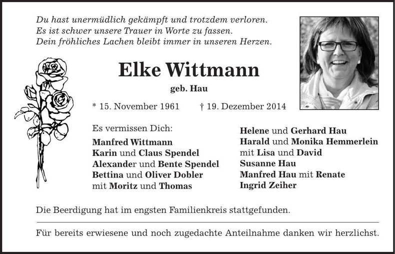 Traueranzeige Elke Wittmann