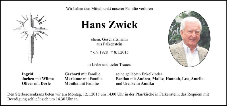 Traueranzeige Hans Zwick