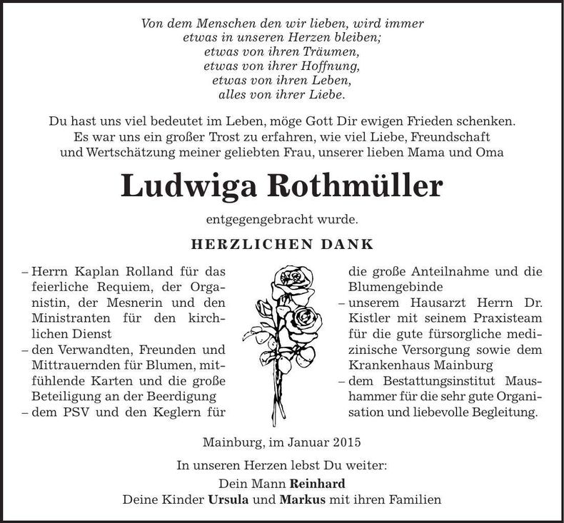 Traueranzeige Ludwiga Rothmüller