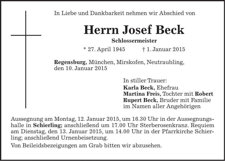 Traueranzeige Josef Beck