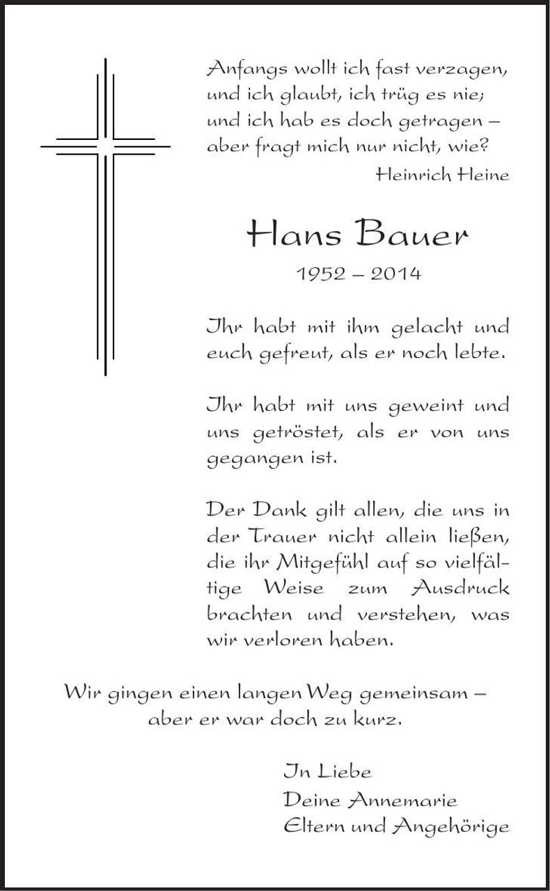 Traueranzeige Hans Bauer